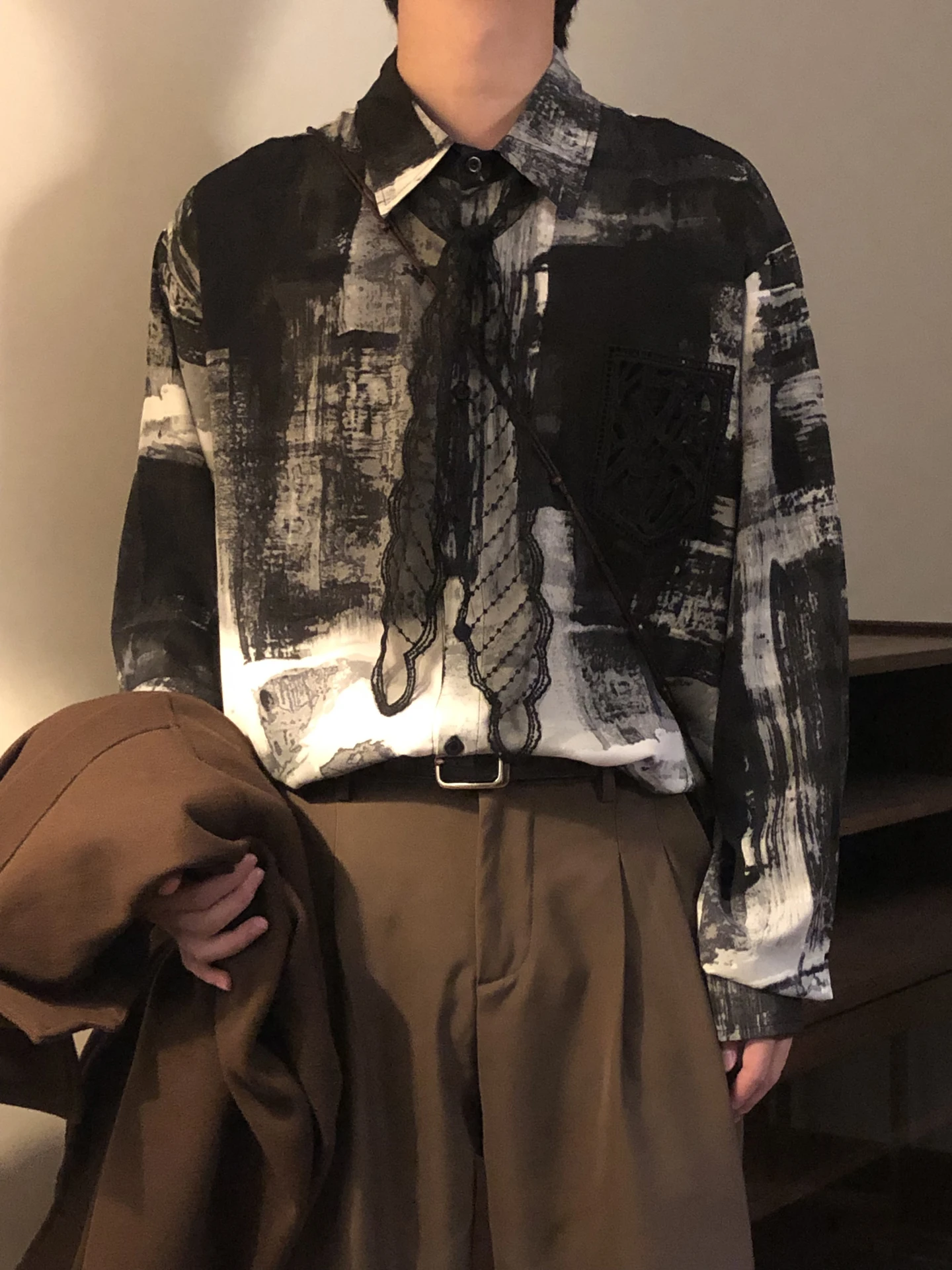 2025 Spring and Autumn New American Retro Style Men's Loose Casual Ink Painting Gradient Long Sleeve Shirt Top