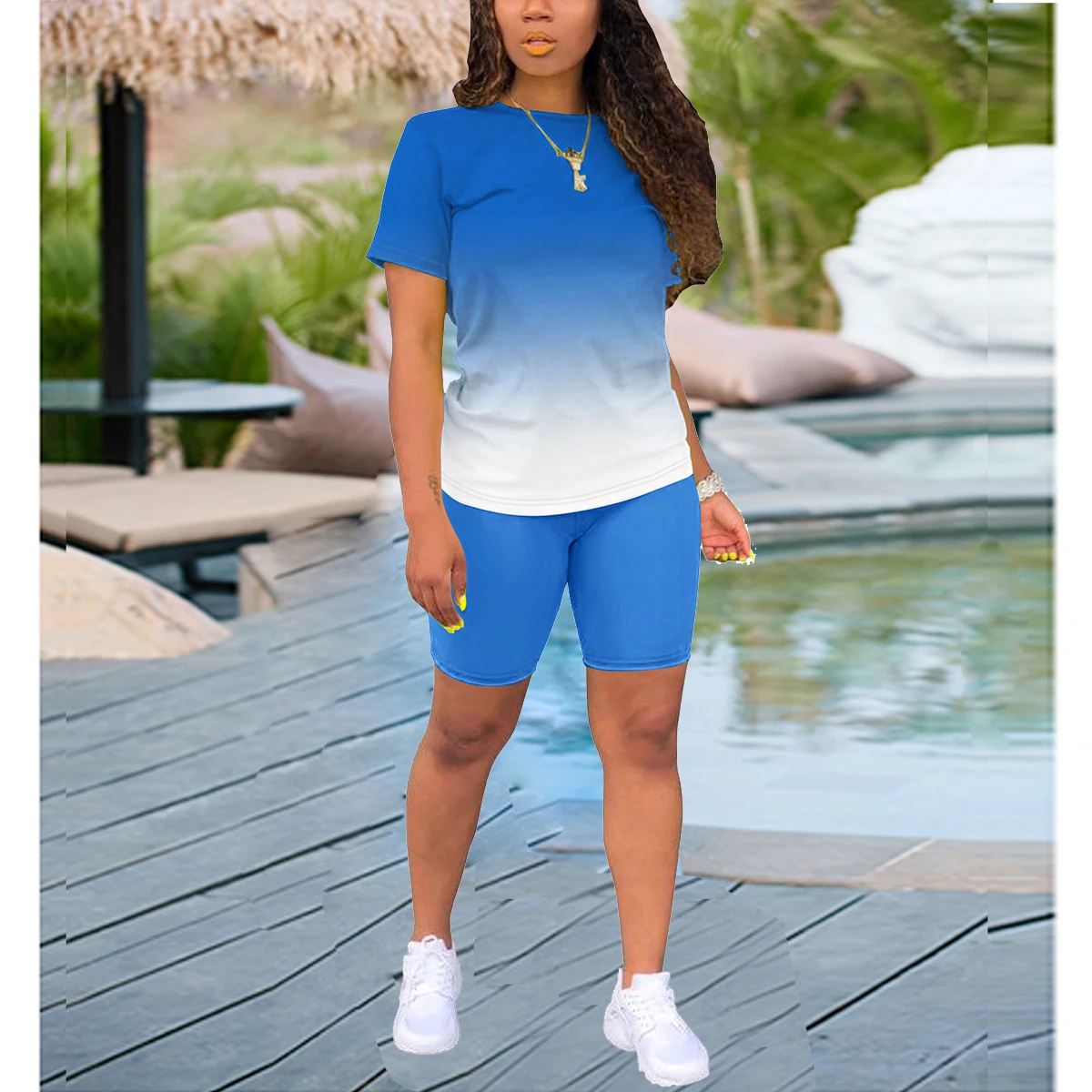 Women\'s gradient two-piece summer short two-piece jogging suit