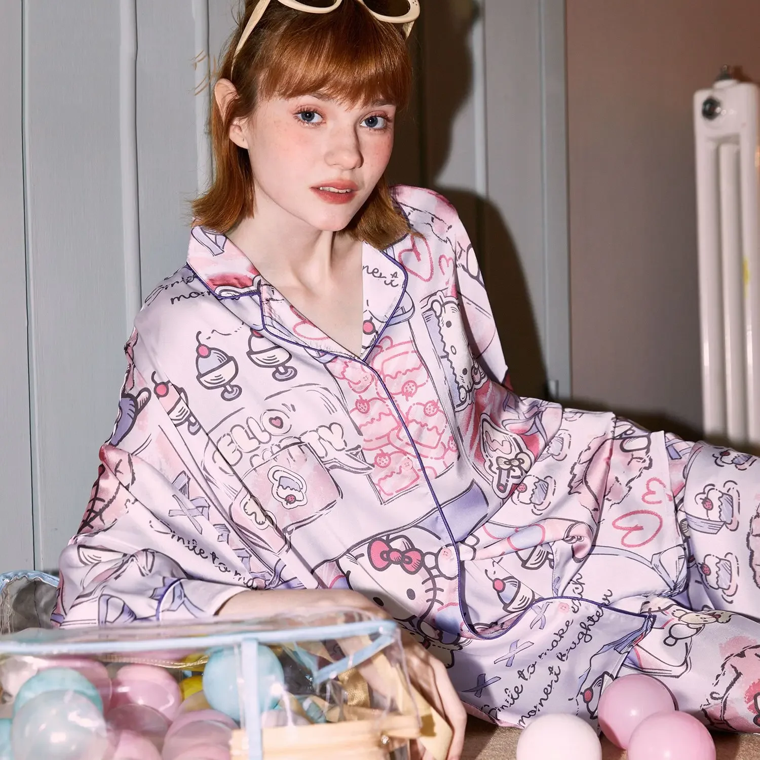 Sanrio Hello Kitty Pajama Pants Women Spring and Autumn Long-sleeved Pants Cartoon Cute Home Wear 2pcs 1set Kawaii Pajamas