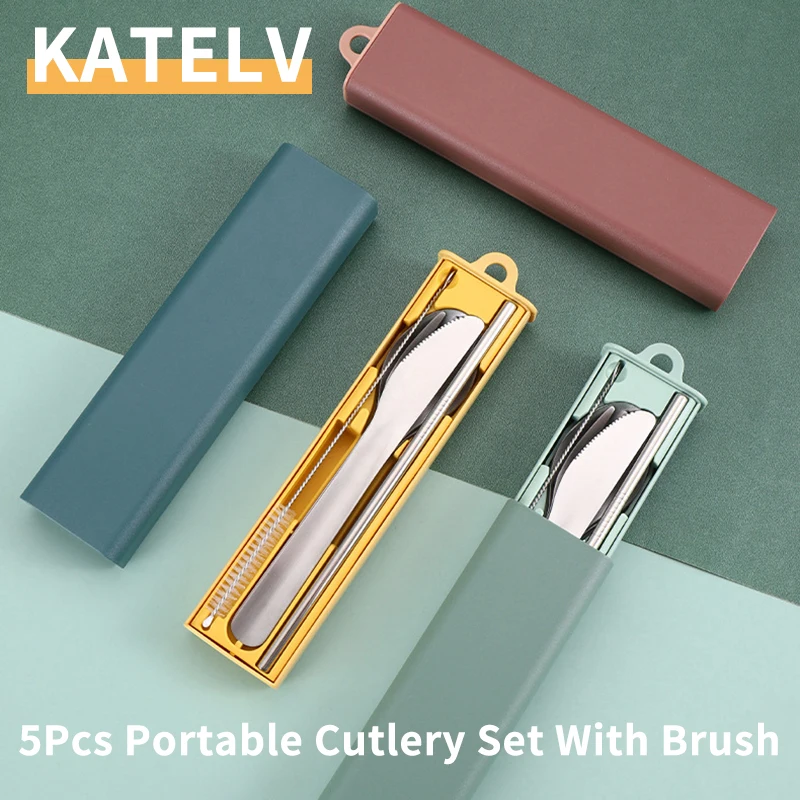 

5Pcs Portable Cutlery Set Travel Tableware Set Stainless Steel Knife Fork Spoon Drinking Straw Camping Flatware With Brush Box