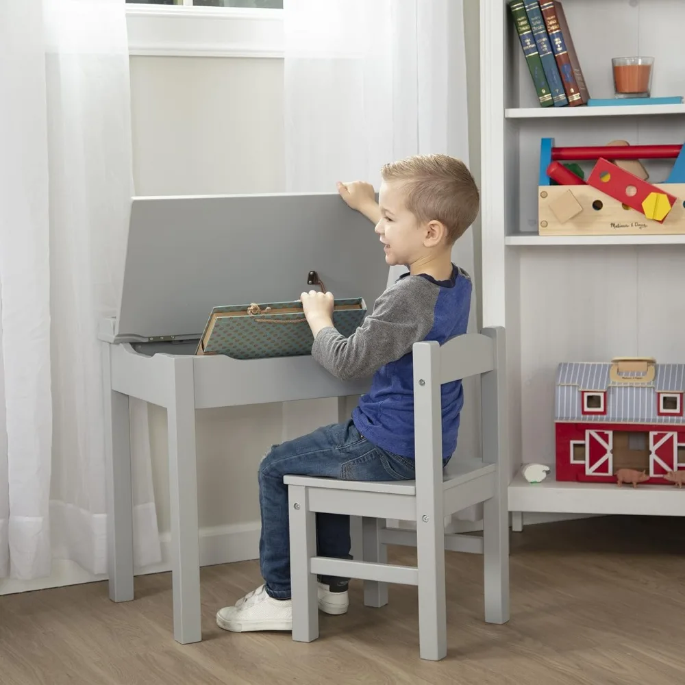 Escritorio y silla con elevador de madera, gris, gris, niños pequeños, para mayores de 3 años, con almacenamiento autocontenedor y juego de sillas