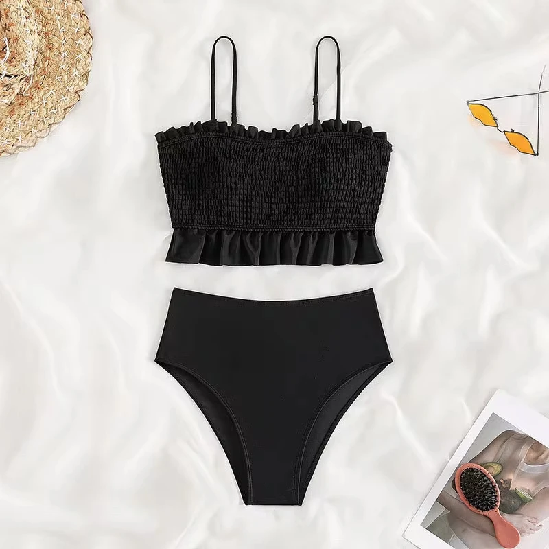 Black Bandeau High Waist Tankini Swimsuit For Women Sexy Ruffled Tank Top Bikini Set Swimwear Bathing Suit Two Pieces
