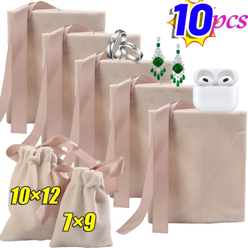 

5/10pcs Velvet Drawstring Bag Ribbon Bow Thicken Luxury Earrings Rings Necklace Bracelet Wired Headset Coin Display Storage Bags