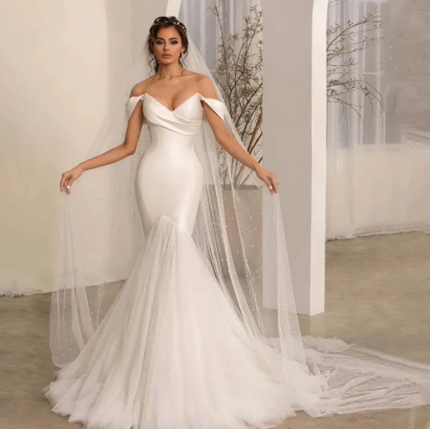 

A-Line Beautiful Satin Mermaid Off Shoulder Mopping Bride Gowns Sexy Backless Sleeveless 2024 Bohemian Wedding Dresses Fashion