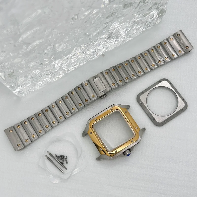 Caja de reloj cuadrada plateada, oro rosa y negra de 38mm, acero inoxidable para Seiko Santos, accesorios de reloj, piezas para movimiento NH35 NH70