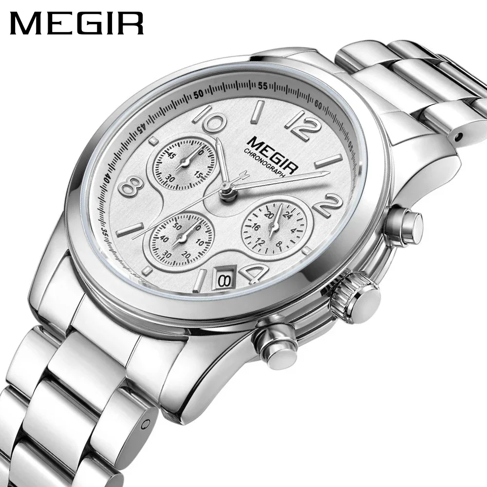 MEGIR Women\'s Chronograph Quartz Watch Ladies with 24 Hours and Calendar Display Stainless Steel Strap Wristwatch Gift for Wife