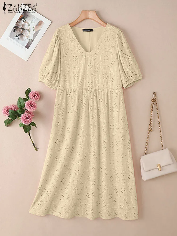 Zanzea moda verão a linha vestido solto feminino elegante puff manga festa de férias vestidos rendas crochê vestido bordado vestido de verão