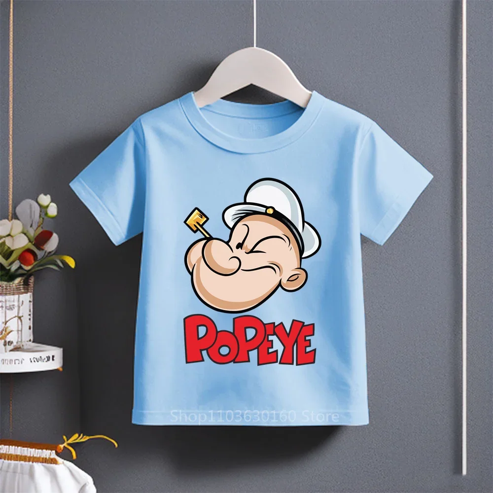 Cute Cartoon Popeye Printed Cotton T-shirt for Kids Ages 3-14, Stylish and Casual for Summer Wear