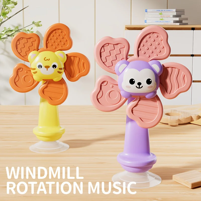 Baby Suction Cup Windmill Toy - Manual Rotating Wind- Spinner with & Bear Animal Shapes, Sensory Motor Skills Development