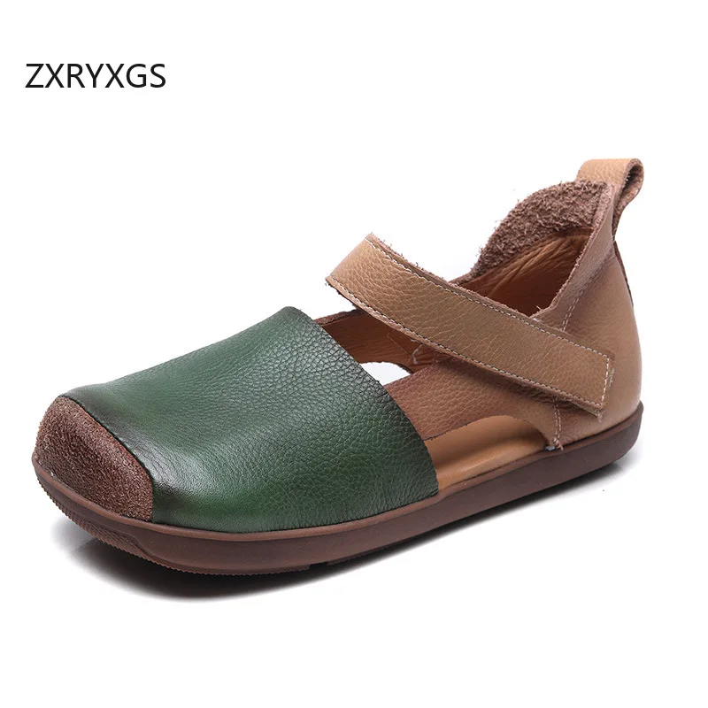 

ZXRYXGS Premium Cowhide Square Toe Spell Color Leather Sandals Women Shoes Roman Sandals 2024 Summer Sneakers Sandals Flat Soft