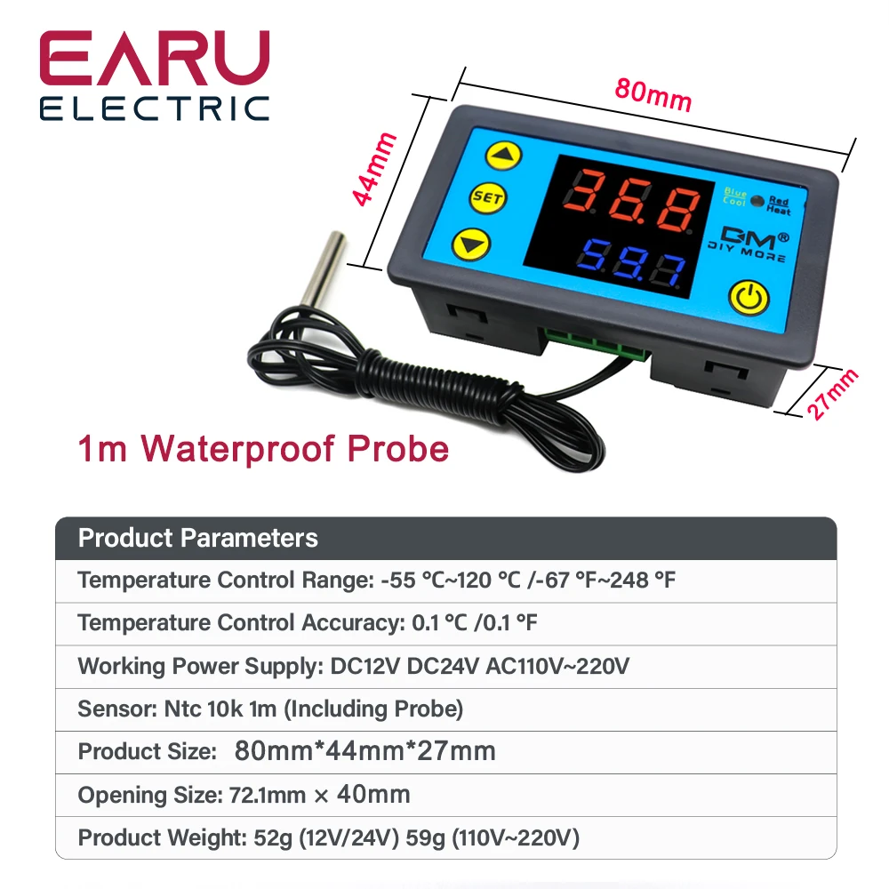 W3231 Digital Display Temperature Controller Thermostat Intelligent Thermometer Control DC12V 24V AC 110~220V +NTC Sensor Module