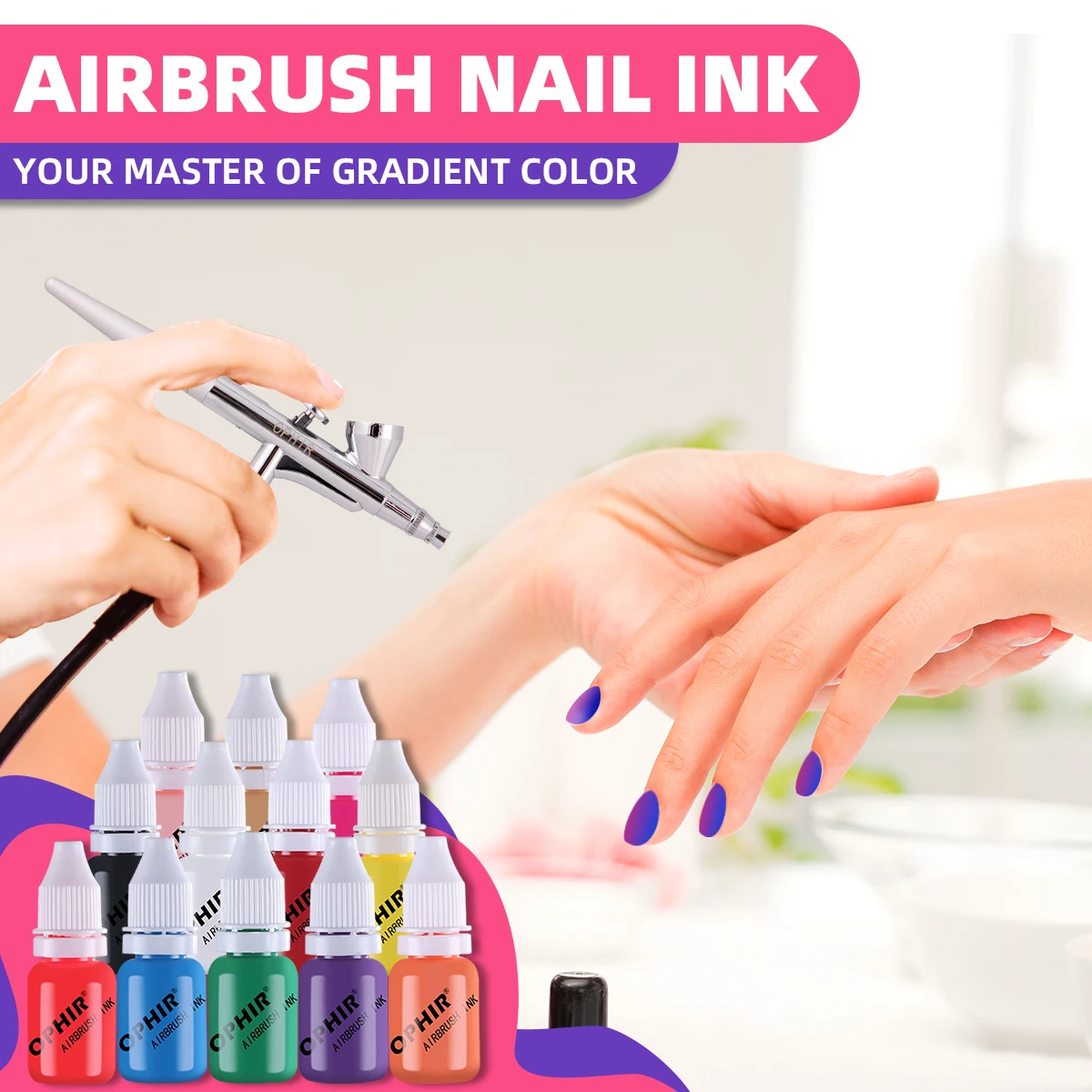 OPHIR 12 Color Airbrush Nail Inks for Stencils Gel Nail Polish 10 ML/Bottle Temporary Tattoo Pigment Nails Tools_TA098(1-12)
