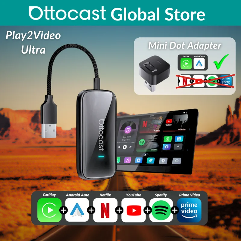 

Ottocast Play2Video Ultra Mini Dot WiFi6 AI Box Carplay-адаптер, медиаплеер для Android Auto, YouTube, Netflix, установка приложений для Audi