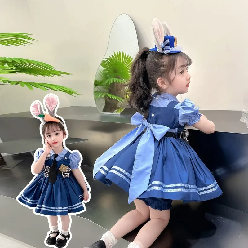 Casual Dress with Rabbit and Police Design, Puff Skirt, Suitable for Performance of Officer Judy New 2024 Girls