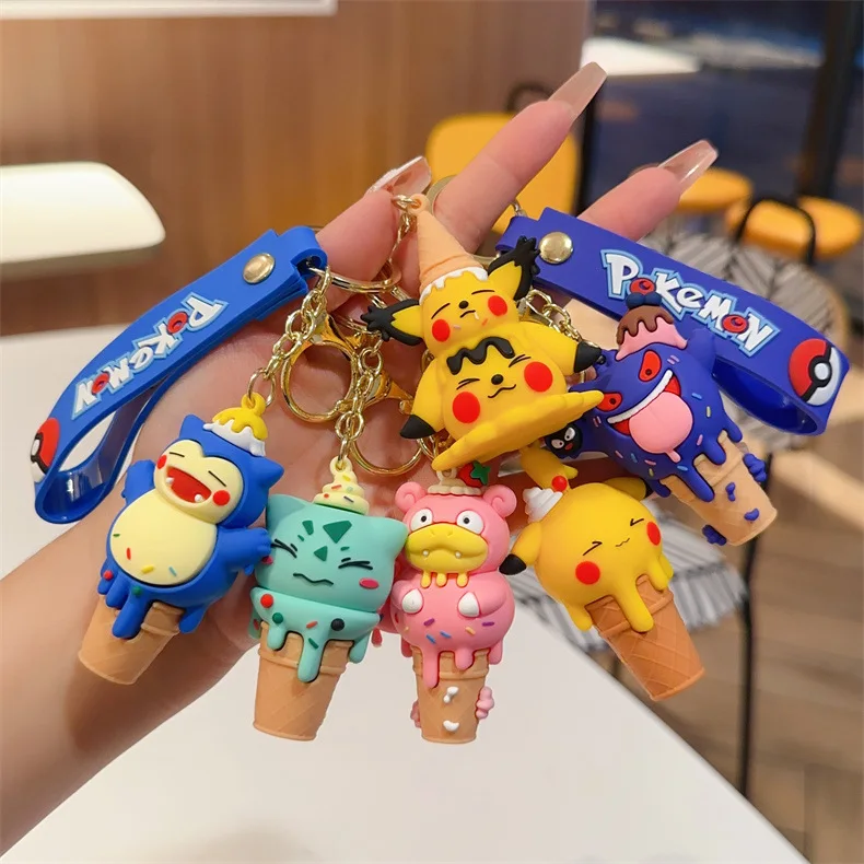 Pokemon Cute Keychain Silicone Doll Cartoon Ice Cream Cone Series Psyduck Bulbasaur Pendant Car Bag Hanging Ornaments Gifts