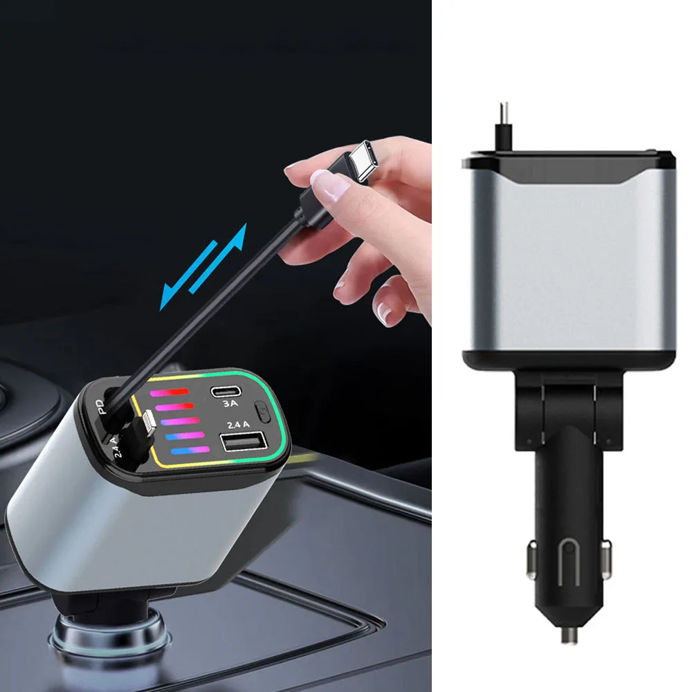 

Car Universal Phone Adapter Socket Fast Charging Charger 4 IN 1 USB Type-C Charger with Retractable Cable Auto Accessories