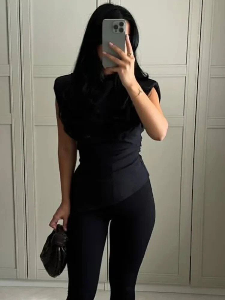 BWQ 2025 Damskie Bluzki z Falbankami Asymetryczne Top Bez Rękawów i Koszulki na Ramiączkach Marszczone Bluzki Bez Rękawów Kamizelki Bordowe Brązowe Czarne Top Bez Rękawów