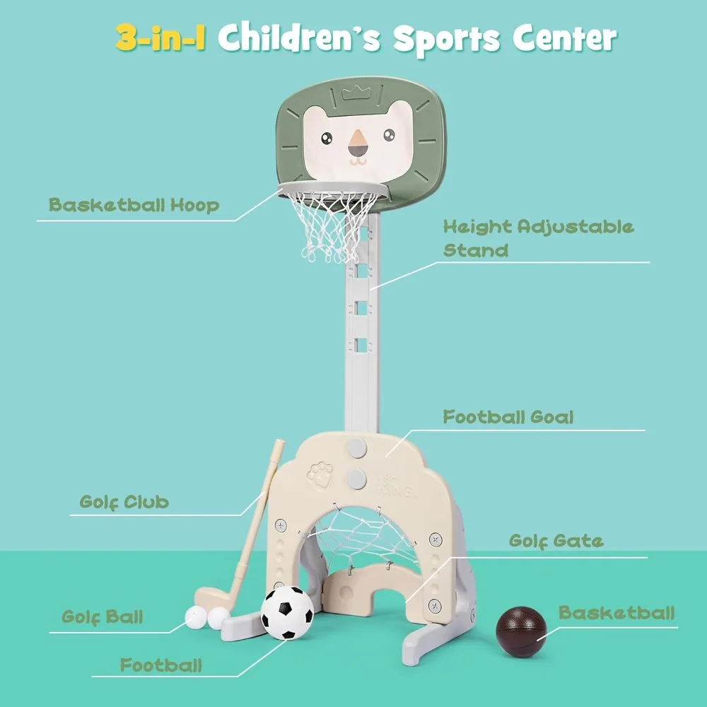 高さ調節可能な3-in-1幼児用バスケットボールフープ、サッカーとゴルフセット付き、子供用ポータブル屋内外スポーツセンター