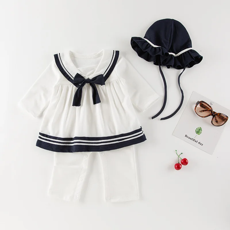 Baby Girl Cotton Navy Skirt Romper Long Sleeve Infant Crawling Bodysuit Hat 2pcs Set Daily Outdoor Home Newborn Toddler Outfit