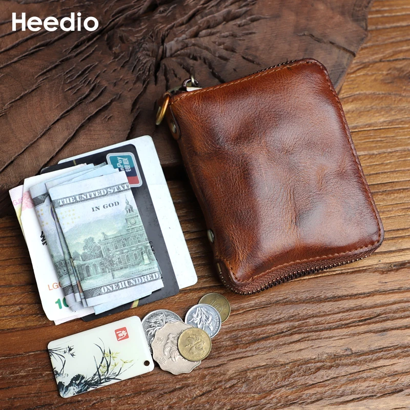 Genuine Leather Men's Wallet Retro Cowhide Zipper Card Holders with Coin Pocket Small Mini Male Money Purse