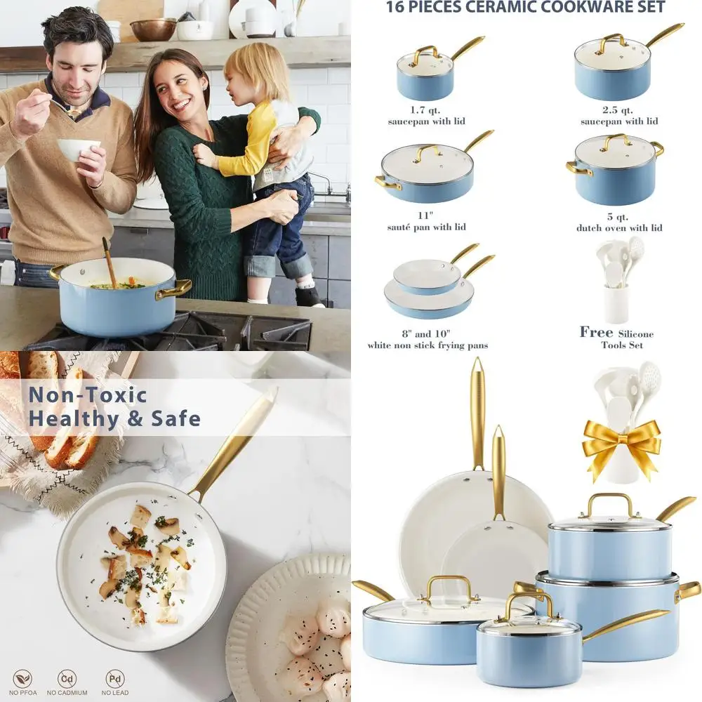 

Набор из 16 предметов: антипригарные кастрюли и сковороды с кухонными принадлежностями, бело-золотой, подходит для духовки и посудомоечной машины