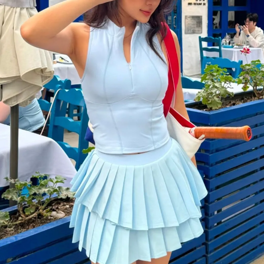 Stand-Up Collar Outdoor Running Skirt  Fitness Skirt, Double-Layer Pleated Skirt, Quick-Dry Sleeveless Tennis Outfit Set