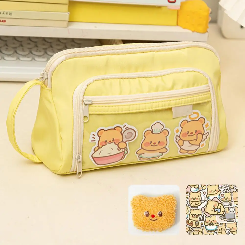 Stationery Storage Organizer Capacity Cartoon Bear Pattern Pencil Case with Zipper Closure Handle Strap Student for Organization