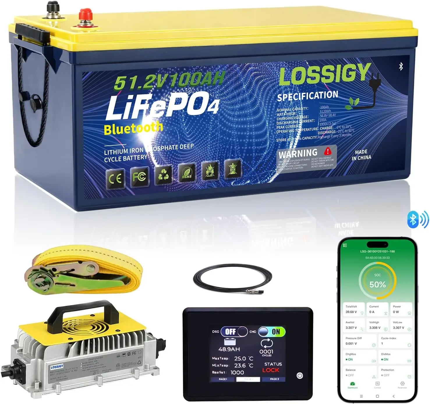 

LOSSIGY 48 Volt Lithium Golf Cart Battery, 48V Golf Cart Battery Conversion Kit with Charger&LCD Monitor, Built in 200A