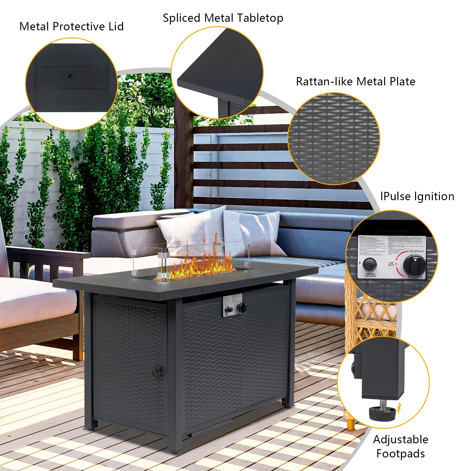 43-Zoll-Feuerstelle, 50.000 BTU Gasfeuerstelle mit vulkanischem Stein, Schwarz