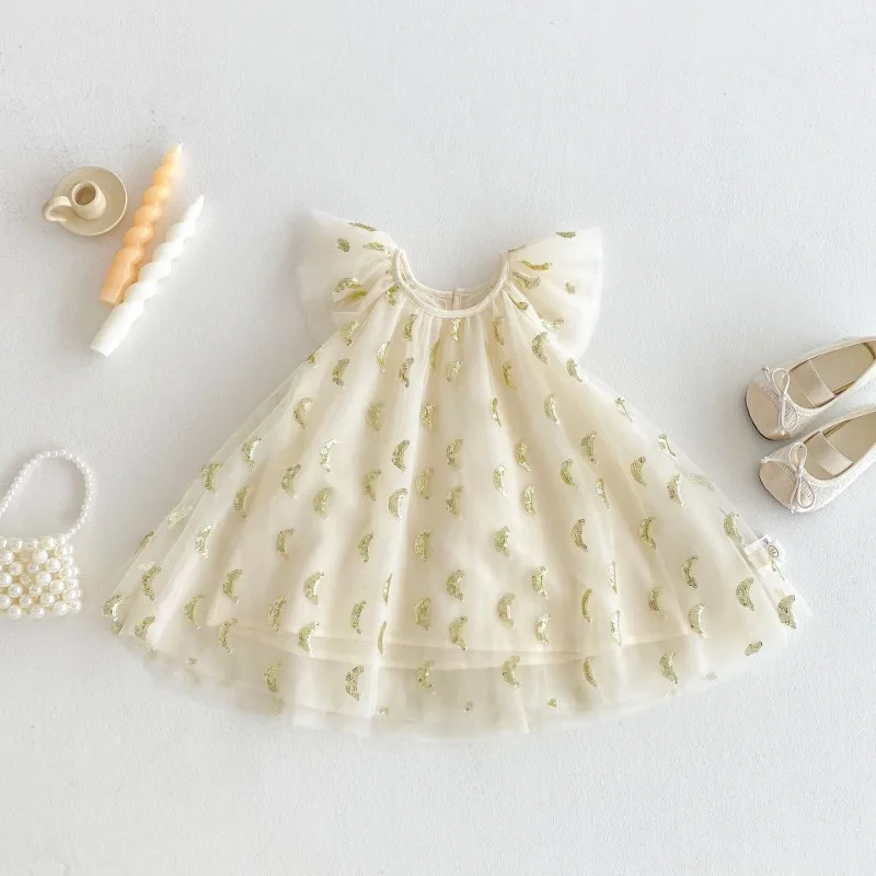

2025 Summer Kids Clothing Fashion Sequin Flying Sleeve Girls Baby Dress 0-5Y Trendy Children's Mesh Princess Dress