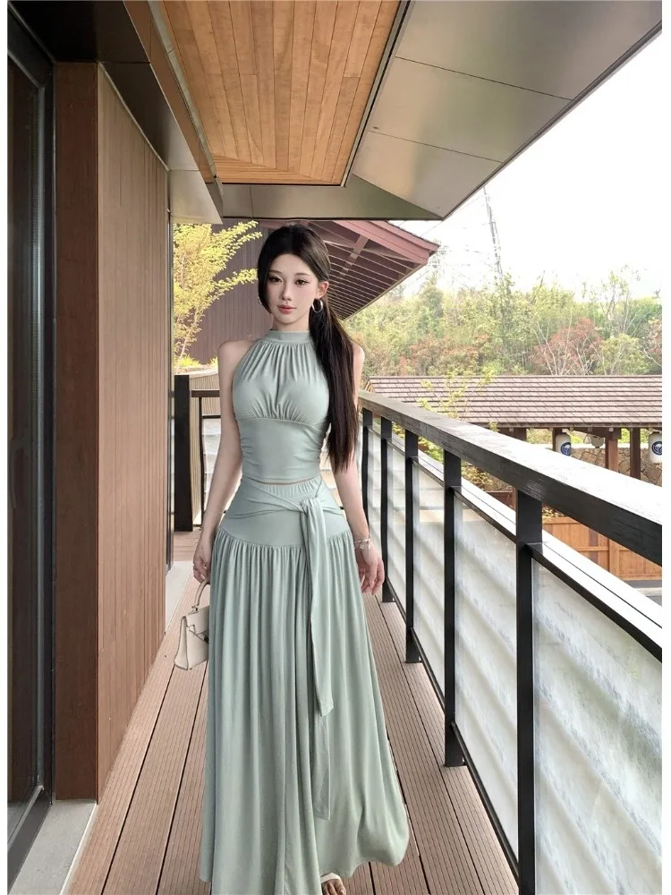 

Fashionable Spicy Girl Style Off-Shoulder Pleated Sleeveless Top with Waist Splice Skirt Two-Piece Set High Waist Cotton Summ...