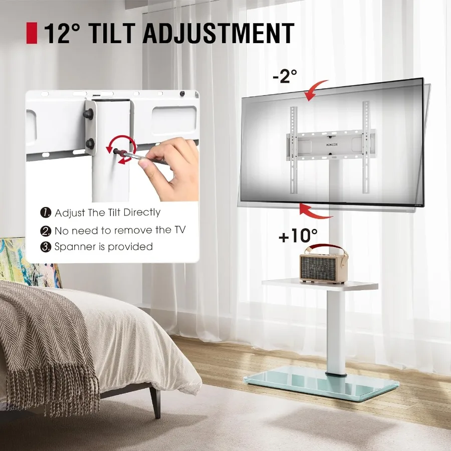 حامل تلفزيون أرضي لتلفزيونات 3265 مع وظيفة دوارة وإمالة 60 درجة، ارتفاع 8 مستويات قابل للتعديل، حامل تلفزيون طويل القامة مثالي لـ L