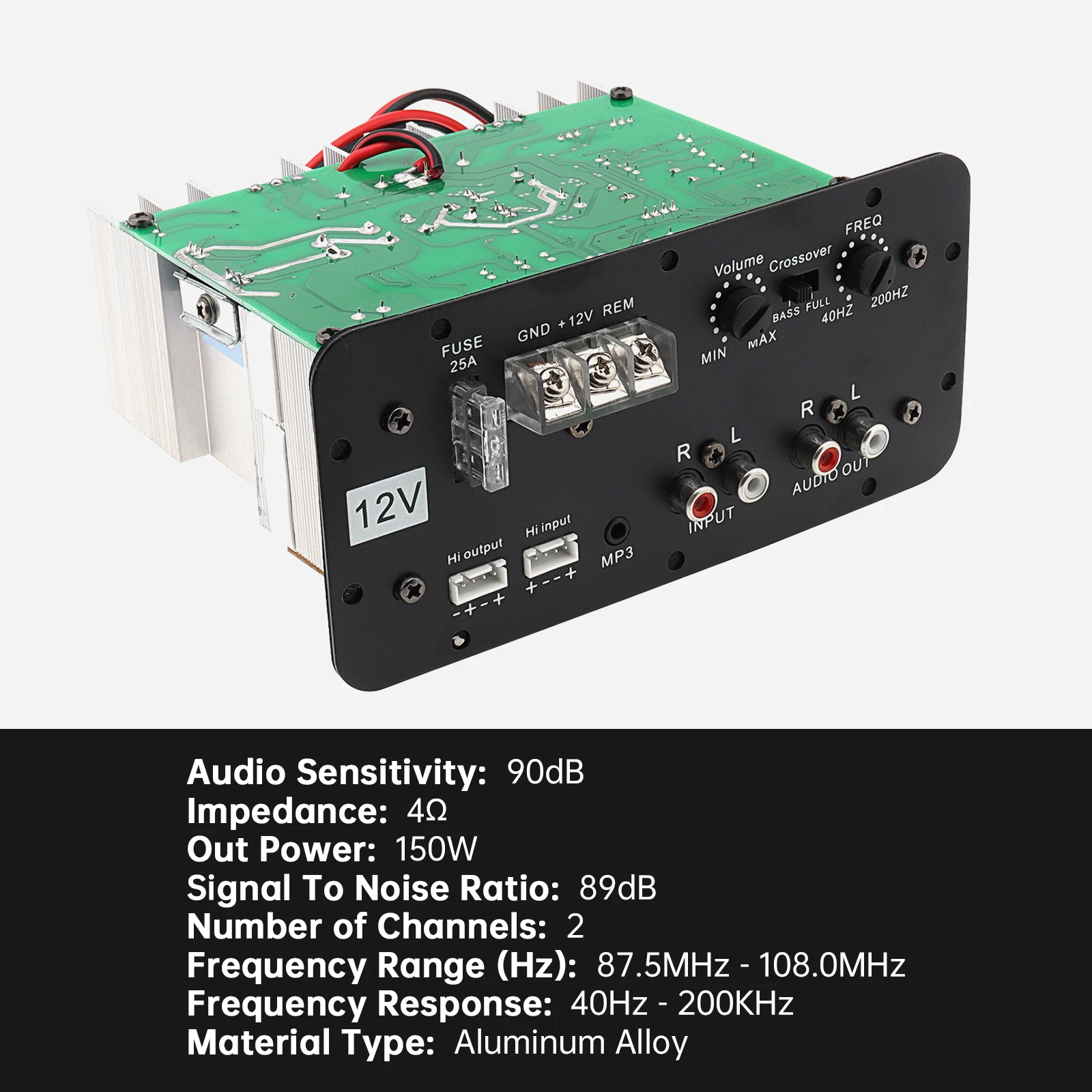 12V 150W Car Audio High Power Amplifier Board for 6 /8 /10 Inch Car Subwoofer with Light, Black Powerful Bass Subwoofer