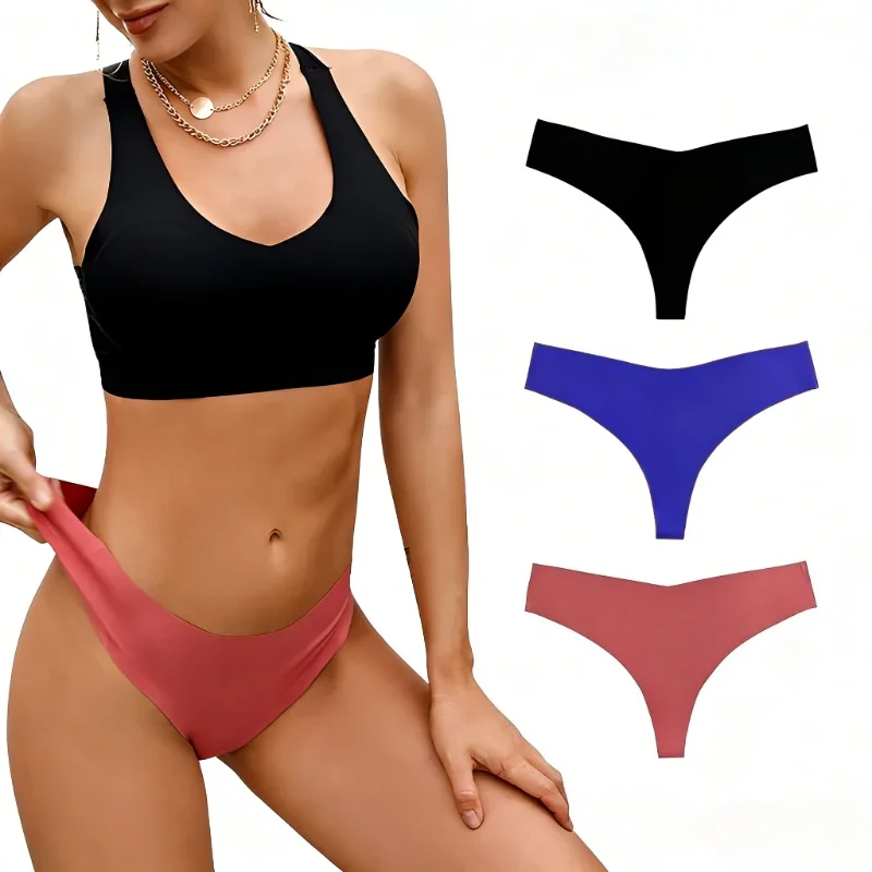3Pcs Panties Women Ice Silk Underwear Low Waist V-Waist Briefs Cotton Crotch Breathable Quick-Drying Sports Seamless