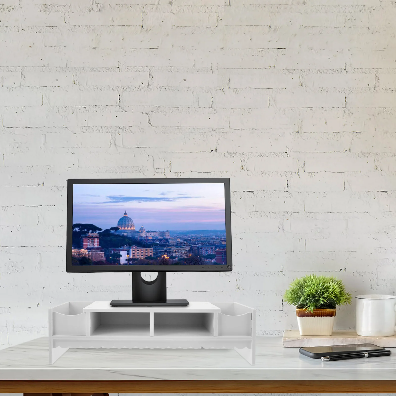 Desktop Shelf Notebooks Office Accessories Computer Riser with Drawer White Bamboo Screen Storage Bracket Work