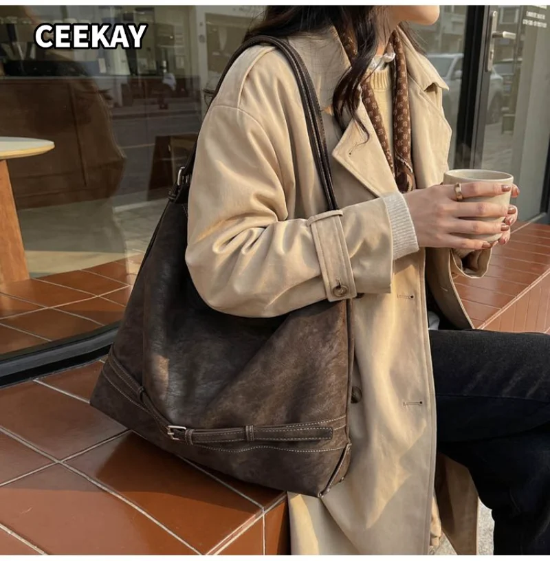 CEEKAY Women's Tote Bag Dark Brown Suede Texture Large Shoulder Handbag Buckle Strap Detail Daily Commute Casual Tote Bag
