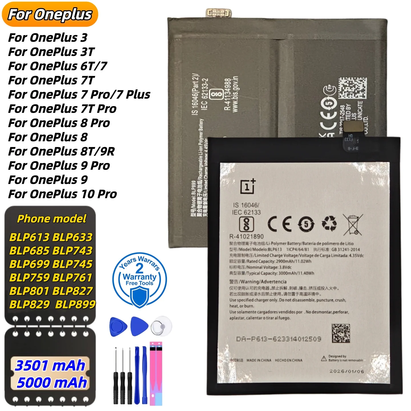 High quality For OnePlus 3/3T/6T/7/7T/7Pro/7Plus/7T Pro/8Pro/8/8T/9R/9Pro/9/10Pro Replacement Batterie Battery Fast Shipping