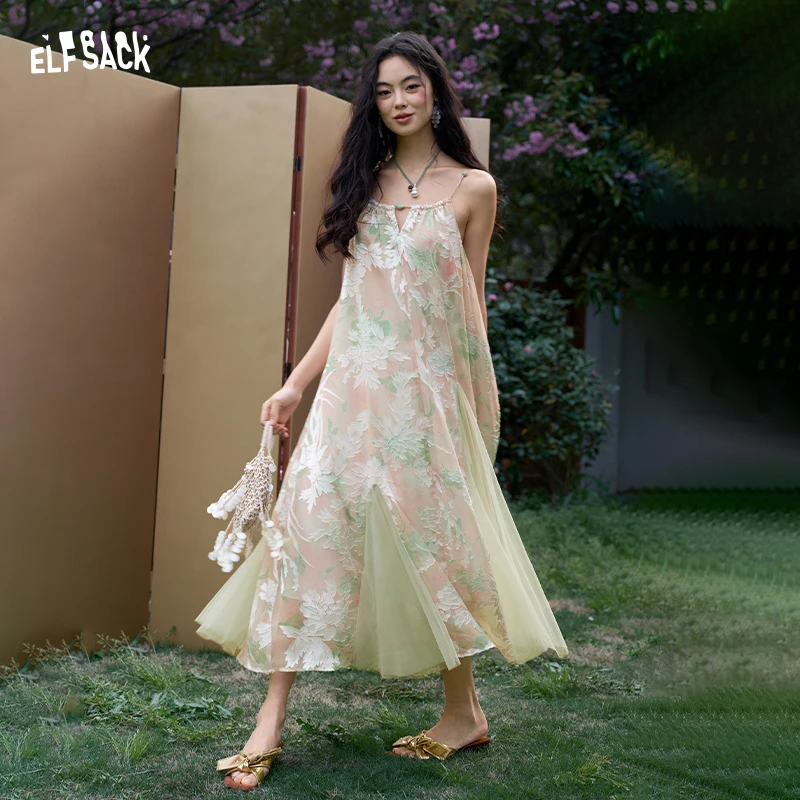 

ELFSACK Women's Jacquard Floral Cami Maxi Dress with Sheer Mesh, Vintage Court Style Sleeveless Long Dress, Elegant Summer Dress