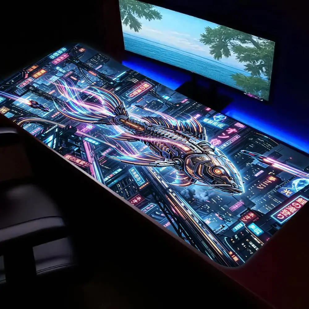 

HYBXAXC Cyberpunk Neon Mechanical Fish Mouse Pad Non-Slip Rubber Base Large Desk for Gamers Extended Mousepad for Sci-Fi Fans