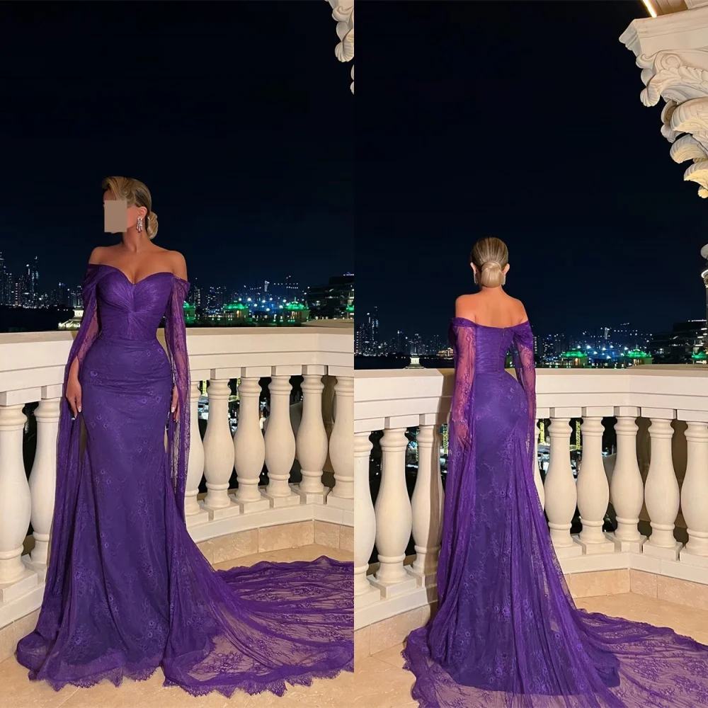 

Customized Exquisite Dark Purple Lace Evening Dress Formal Strapless Off the Shoulder Short Sleeves Zipper Back Cocktail Dress