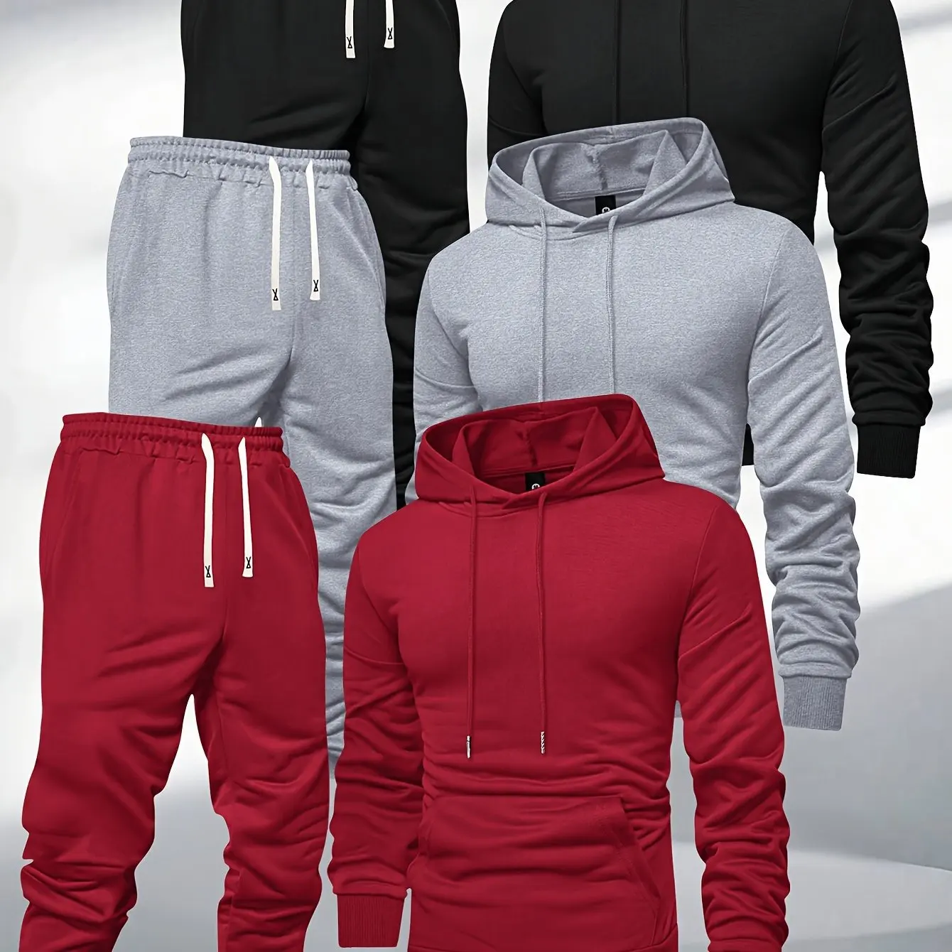 Herren 3-Teiliges Trainingsanzug-Set Einfarbiger Pullover-Hoodie Sweatshirt Jogginghose Frühling Herbst Lässige Sportbekleidung Locker Sitzendes Alltags-Outfit für Männer – Detail 12
