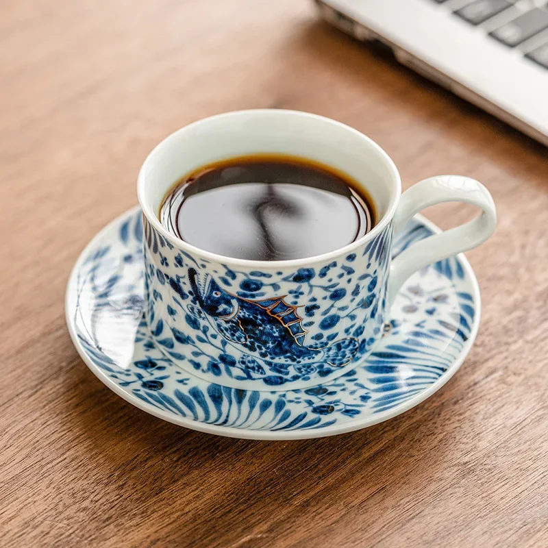 High-grade Blue and White Fish and Algae Pattern Ceramic Coffee Cup Exquisite Mug High Value TeaCup Latte Cup and Saucer Set