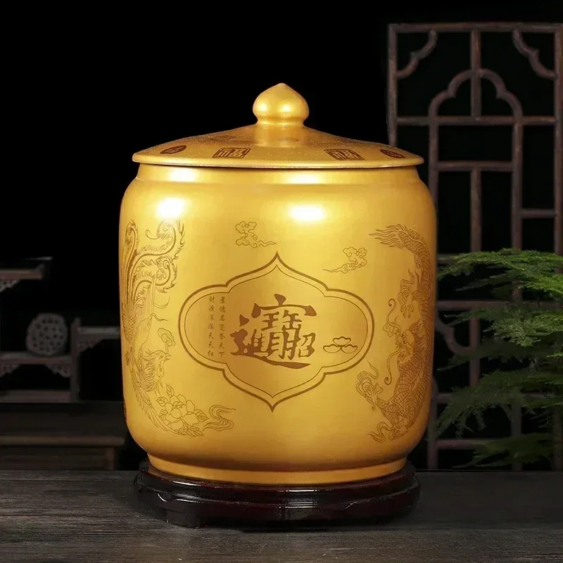 Golden Jingdezhen ceramic rice tank lucky treasure jar household with lid moisture-proof insect-proof living room decorative