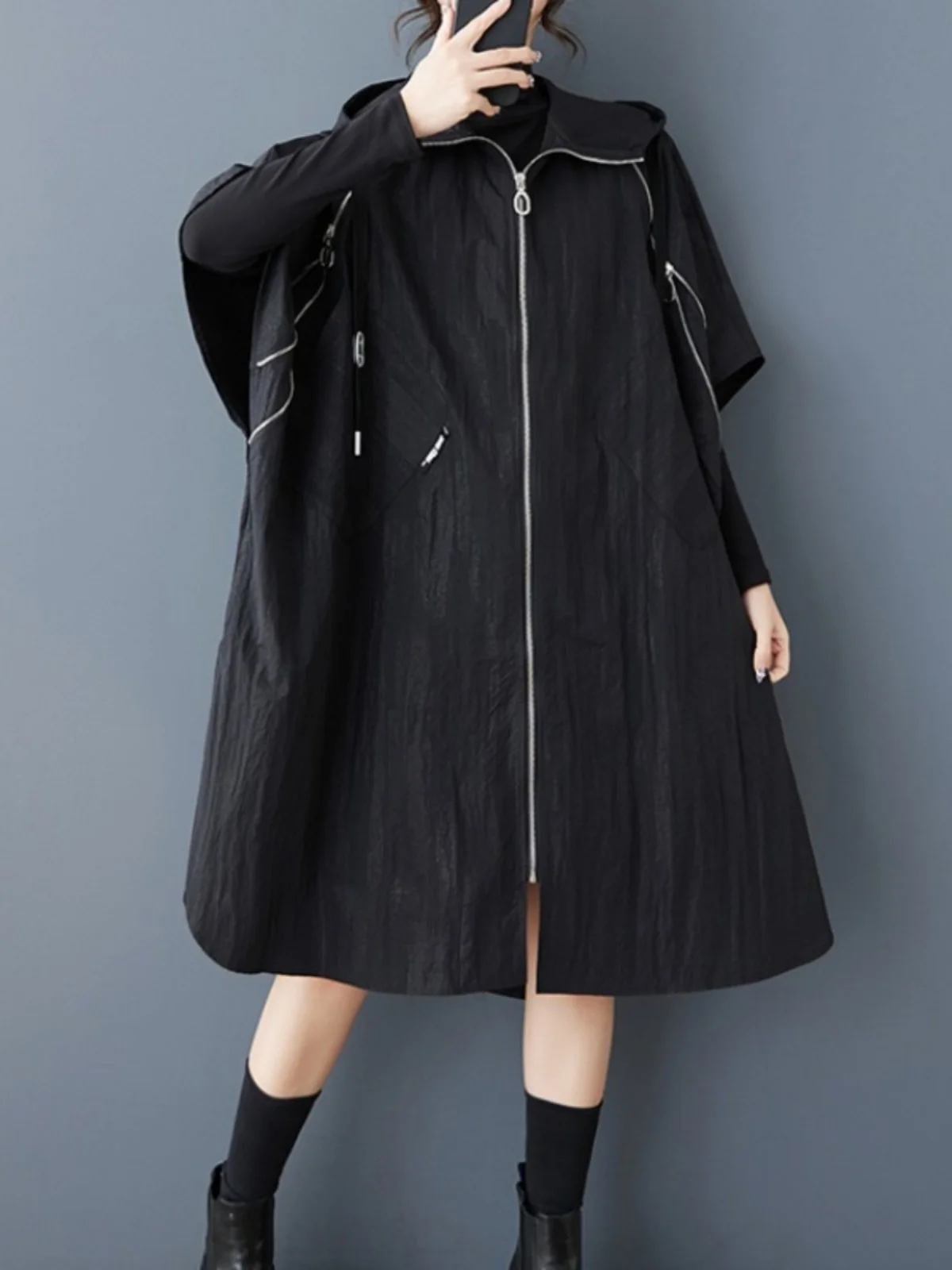 

Loose Batwing Sve Long Coat k Color Zipper Splicing Women's Street Sle Windbreaker Outerwear Spring 2025 Faion Trend