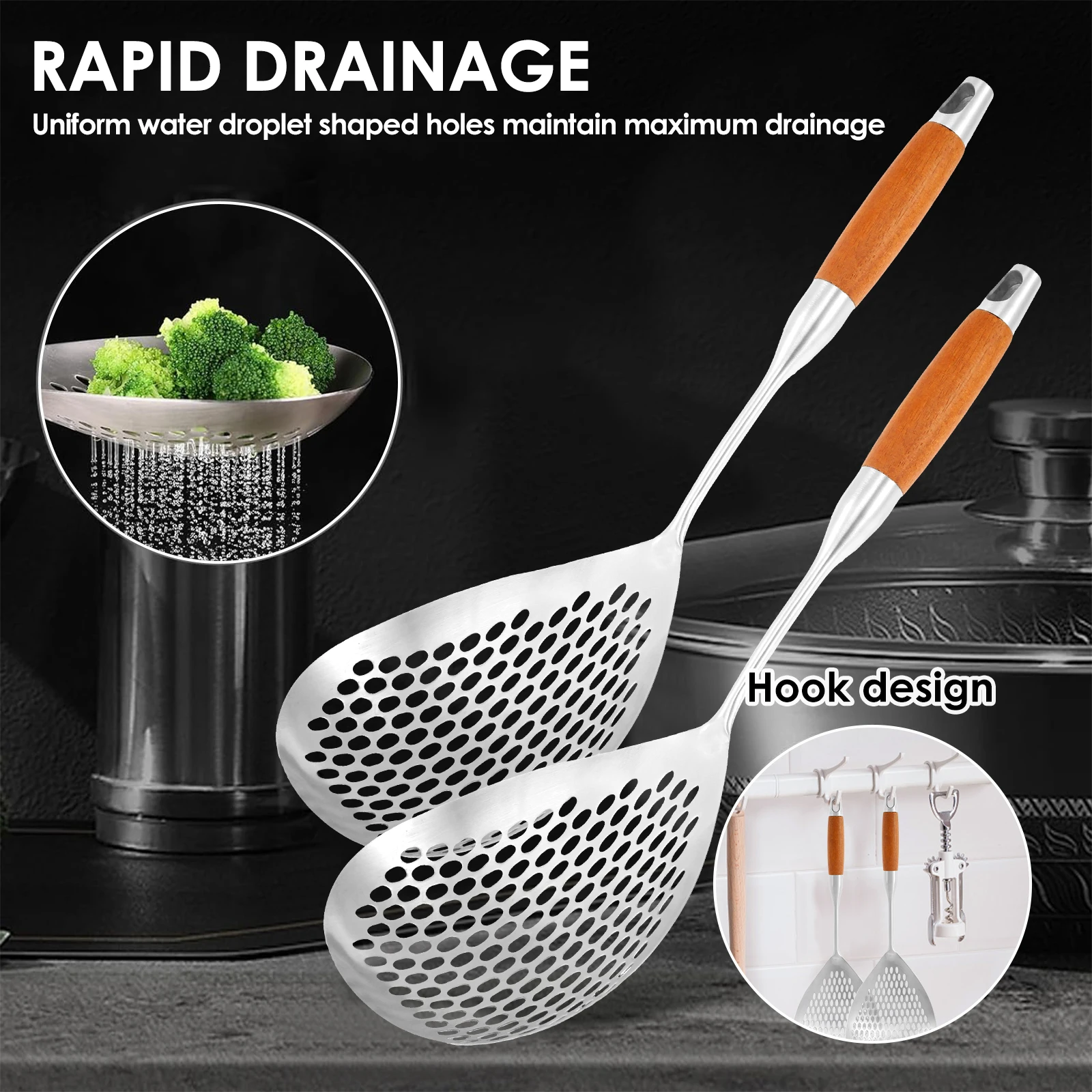 Stainless Steel Slotted Spoon Heat-Resistant Cooking Skimmer Strainer Food Draining Frying Kitchen Tool with Anti-Scald Handles