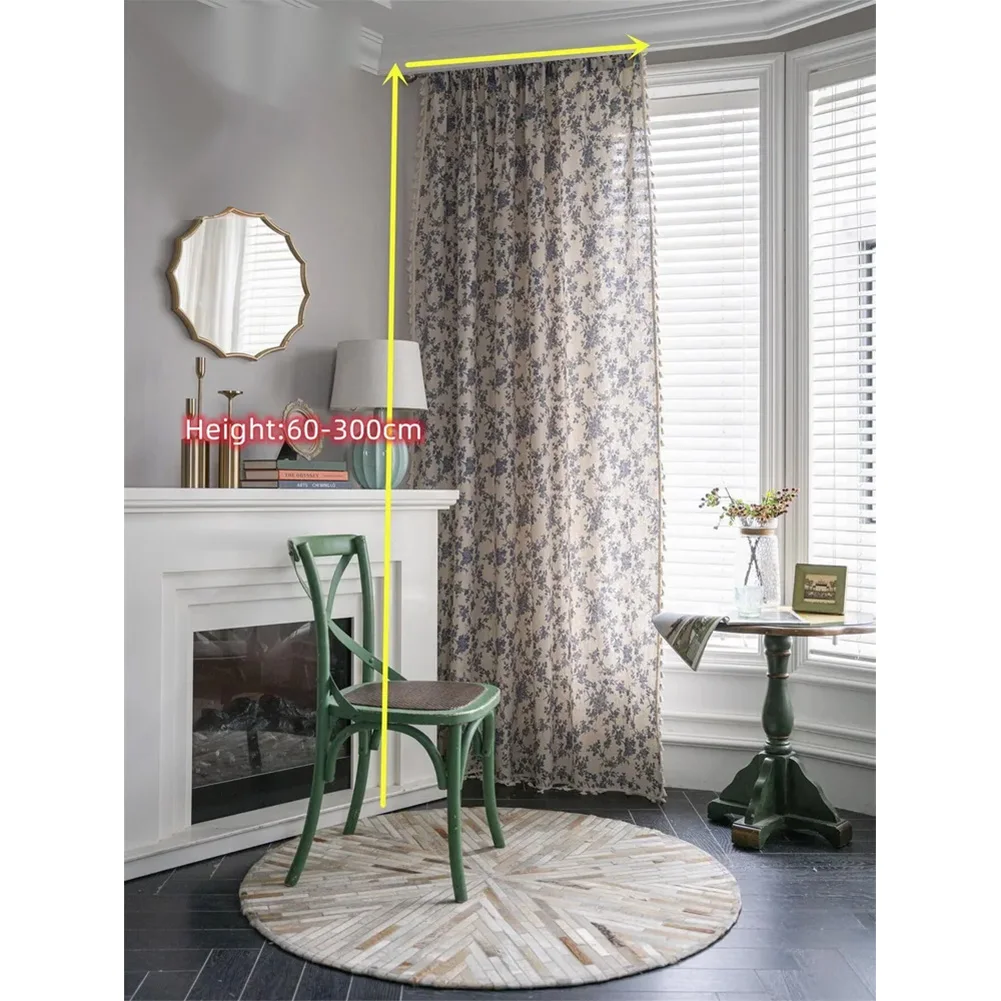 Blue Floral Linen Curtains Sheer Rod Pocket Farmhouse Curtains Pair with Beige Tassel Trim Light Filtering for Dining Room