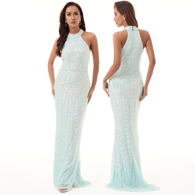 

New Sequined Banquet Evening Dress Female Temperament Socialite Annual Meeting Host Halter Fishtail Long Dress