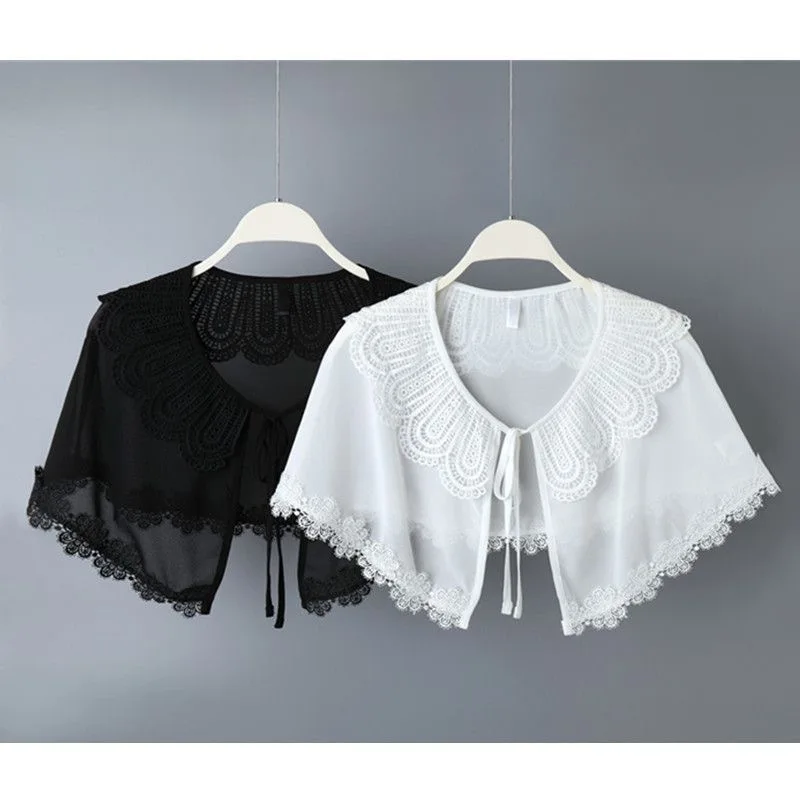 Double‑Layer Embroidered Lace Doll Fake Collar, Literary Versatile Decorative Capelet Outer Shawl for Dresses