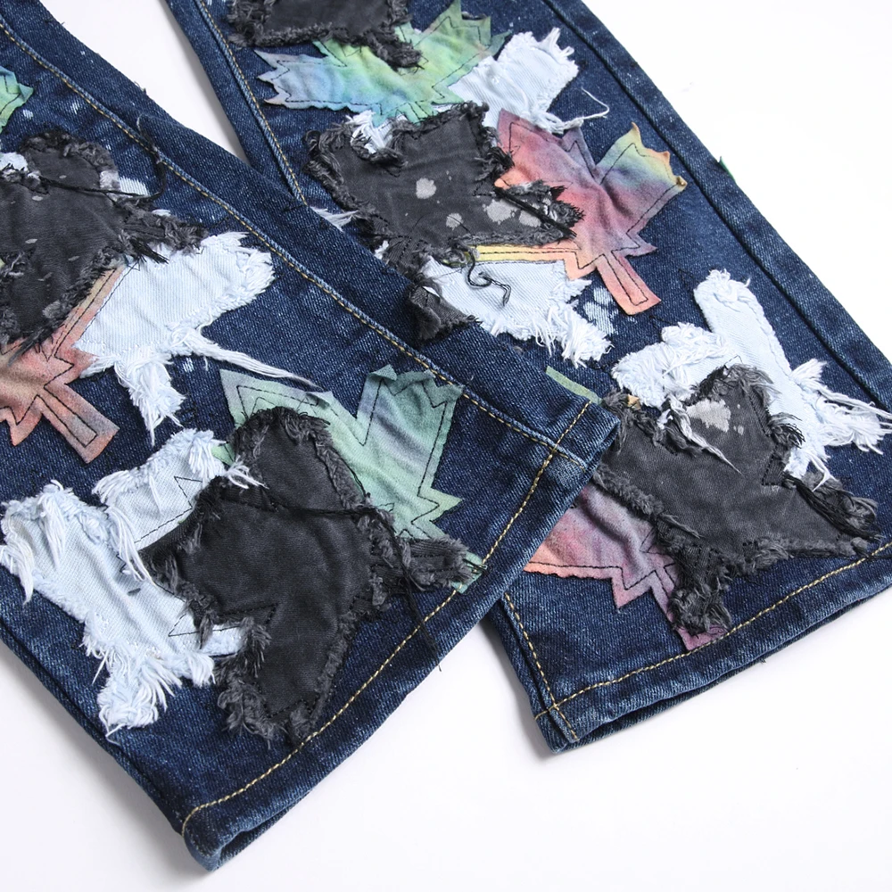 الرجال أوراق القيقب بقع الجينز الشارع الشهير سليم التمهيد قطع السراويل الشارع الشهير المرقعة الأزرق متوهج بنطلون