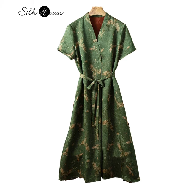 Advanced Feeling 100% Natural Mulberry Silk Gambiered Guangdong Gauze V-neck Short Sleeved Women's Fashionable Summer Dress